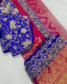 Shopnow designer Kanchipattu border saree blouse workblouse designerblouse Hyderabad viral trending red blue zardozi Embroidered Saree, Saree Border, Blue Border, Red Saree, Hand Embroidery Design, Blue Blouse, Bridal Collection