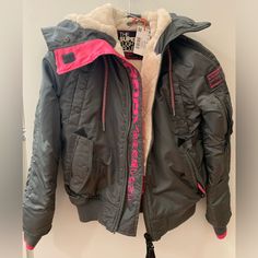 Nwt Superdry Jacket Heavyweight Jacket Was Too Small For Me With Winter Clothes Superdry Jacket, Aviator Jacket, Aviator Jackets, Winter Clothes, Pink Gray, Pink Grey, Winter Outfits, Winter Jackets, Cute Outfits