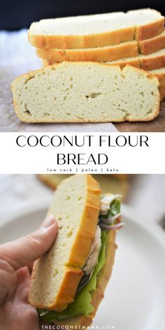 a sandwich cut in half on top of a white plate with the words coconut flour bread