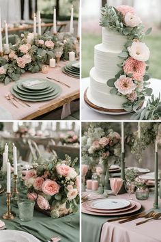 wedding cake with flowers and greenery on the top, surrounded by candles and plates