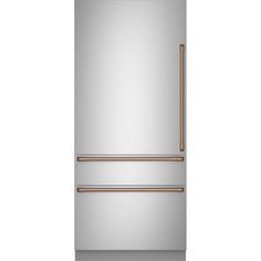 a stainless steel refrigerator with two gold handles