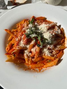 a white plate topped with pasta covered in sauce and parmesan cheese