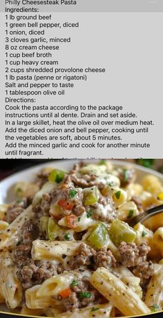 the recipe for pasta with meat and vegetables is shown in an image above it's description