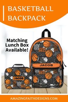 Basketball theme personalized backpack with matching lunch box. Shown with the name Jacob added on the front of each. Sporty Backpack For Sports And End Of School Year, Sporty Backpack For Back To School And Sports Events, Sporty Backpack For College And Back To School, Sporty Backpack For College, Back To School, Student Storage, Office Backpack, Basketball Backpack, Teacher Notepad, Kids School Supplies