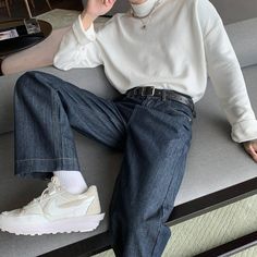 Style: Korean FashionBrand: The Korean Fashion Wide Leg Jeans Outfit Korean Style, Korean Jeans Outfit Men, Dark Blue Jeans Korean Outfit, Korean Fashion Men Jeans, Denim Pants Outfit Korean, Y2k Men, Dark Blue Jeans, Jeans Shop, Wide Leg Jeans