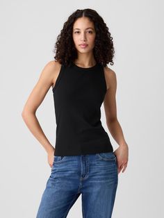 Ribbed High Neck Tank | Gap Factory Casual Crew Neck Tank Top With Ribbing, Casual Crew Neck Ribbed Tank Top, Ribbed Crew Neck Tank Top For Layering, Everyday Crew Neck Tank Top With Ribbed Neckline, Ribbed Crew Neck Tank Top For Everyday, Ribbed Crew Neck Tank Top, High Neck Tank, Fashion Capsule, Knit Tank