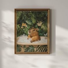 a painting of a capybara in a bathtub surrounded by tropical plants and flowers