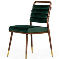 an upholstered chair with green velvet and brass legs, on a white background