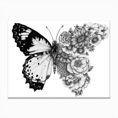 a black and white drawing of a butterfly with flowers on it's wings art print