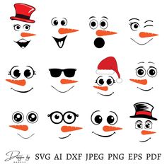 an assortment of cartoon faces with different facial expressions and hats for christmas or winter holidays