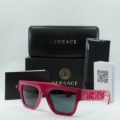 Fully Discounted. Buy Now Only, No Offers Accepted Retail $ 3 4 5 Brand New // Authentic Model: Ve4430u 536787 Frame Color: Fuxia Lens Color: Dark Grey Material: Acetate Size: 53 - 20 - 140 For: Unisex Style: Square Polarized: No Made In: Italy Original Versace Retail Packaging Included: Case, Cloth (See Pics) Shipping From Nyc Every Business Day Follow Our Store Showroom For More Amazing Deals Luxury Pink Sunglasses With Uva Protection, Luxury Pink Sunglasses With Uv Protection, Designer Pink Tinted Sunglasses, Black Gold Sunglasses, Versace Pink, Authentic Models, Versace Fashion, Versace Glasses, Versace Accessories