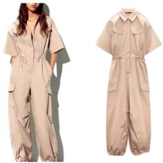 Zara Full Length Cargo Utility Gabardine Jumpsuit Color: Khaki/Beige Size: Small (Oversized/Baggy Runs Big & Will Fit A Medium Also) Nwt Zara Utility Jumpsuit Jumpsuit Made Of Gabardine Fabric. Lapel Collar And Short Sleeves. Adjustable Elastic Drawstring Waistband With Drawstring And Toggle. Side Pockets And Patch Pocket At Leg. Lapel Detail At Chest. Adjustable Drawstring Hem With Toggle. Front Hidden Snap Button Closure S Pit To Pit 21 3/4" Imported Machine Wash Keywords Zara Zarajumpsuits Zara Solid Jumpsuits And Rompers For Spring, Zara Jumpsuits And Rompers For Spring, Beige Short Sleeve Jumpsuits And Rompers For Spring, Casual Jumpsuits And Rompers By Zara, Zara Jumpsuits And Rompers With Pockets For Spring, Casual Beige Zara Jumpsuits And Rompers, Zara Beige Jumpsuits And Rompers For Work, Zara Casual Beige Jumpsuits And Rompers, Zara Jumpsuits And Rompers With Pockets