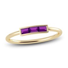 A sleek row of three baguette-cut natural amethyst gemstones modernizes this striking bar style ring from the Juliette Maison™ collection. Fashioned in 10K yellow gold, the bezel set stones make a bold but elevated statement with its minimal design. Modern Emerald Cut Amethyst Ring, Jared The Galleria Of Jewelry, Baguette Ring, Bar Ring, Bar Styling, Rhodolite Garnet, Baguette Cut, Garnet Rings, Garnet Gemstone