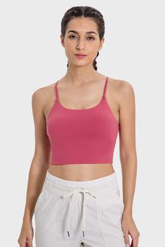 spaghetti straps cropped length shockproof athletic yoga top Summer Gym Crop Top With Strappy Back, Solid Scoop Neck Crop Top For Sports, Solid Color Scoop Neck Crop Top For Sports, Athleisure Scoop Neck Yoga Crop Top, Athleisure Scoop Neck Crop Top For Yoga, Solid Cropped Sports Bra With Light Support, Solid Color Crop Top With Medium Support For Gym, Solid Scoop Neck Activewear For Yoga, Workout Crop Top With Built-in Bra And Strappy Back