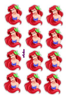 the little mermaid stickers are shown in different sizes and colors, including red hair