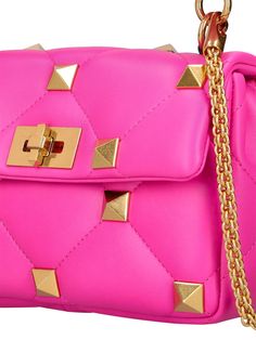 Pink Luxury Evening Bag With Gold-tone Hardware, Pink Shoulder Bags, Shoulder Bag Pink, Studded Bag, Studded Leather, Medium Bags, Green Bag, Metal Chain, Pink Bag