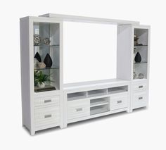 a large white entertainment center with drawers and mirrors on it's sides, in front of a white background