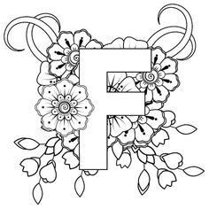 the letter f with flowers and leaves on it in black and white coloring book page