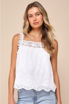 Bring a sweet vibe to all your summer activities in the Lulus Airy Impression White Eyelet Embroidered Crochet Lace Tank Top! Lightweight woven fabric shapes this breezy and sweet top that has crochet lace straps and a matching lace-trimmed square neckline. Relaxed bodice boasts pierced eyelet embroidery, finishing at a scalloped hem. Fit: This garment fits true to size. Length: Size medium measures 24" from shoulder to hem. Bust: Great for any cup size. Waist: Not Fitted - comfortable room thro Embroidery Finishing, Crochet Lace Tank Top, Embroidered Crochet, Sweet Top, Eyelet Embroidery, Lace Straps, Comfortable Room, White Eyelet, Lace Tank Top