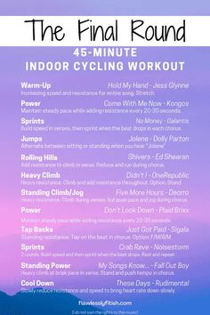 the final round for the 5 - minute indoor cycling workout is shown in this poster