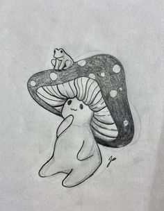 a pencil drawing of a mushroom with a mouse on it's head and a toad sitting on top of the mushroom