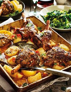 meat and potatoes in a casserole dish on a table