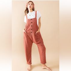 Checkered Knit Button Front Overall Jumpsuit -Checkered Brushed Knit Fabric -Button Front -Dropped Crotch -Front Pocket -Comfort Fit -Patch Pocket Cotton Jumpsuits And Rompers With Buttons For Fall, Fall Button-up Overalls With Buttons, Fall Season Button-up Overalls With Buttons, Fall Overalls With Buttons, Fall Season Buttoned Overalls, Cotton Loungewear Jumpsuits And Rompers With Buttons, Cotton Jumpsuits And Rompers With Buttons For Loungewear, Overall Jumpsuit, Pink Blush Maternity