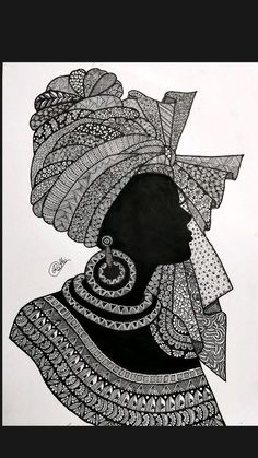 a black and white drawing of a woman's head with an intricate pattern on it