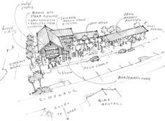 a drawing of a house with lots of drawings on the front and side of it