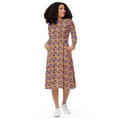 Introducing our All-Over-Print Women's Midi Dress, a fusion of style, comfort, and versatility! 🌟 * 🎨 **300+ Unique Designs Vibrant prints that never fade. * 🌺 **Luxurious Fabric 95% polyester, 5% elastane for a soft, flowy feel. * 👗 **Flattering Fit Fitted waist and flared bottom for a beautiful silhouette. * 🧥 **Long Sleeves Perfect for any season. * 👛 **Pockets Convenient side pockets for essentials. * 👠 **Versatile Ideal for evening parties, date nights, office wear, and casual outing Multicolor Cotton A-line Midi Dress, Rainbow Fitted Casual Dress, Casual Fitted Rainbow Dress, Fitted Multicolor Patterned Midi Dress, Multicolor Rainbow Print Dress, Fitted Rainbow Print Dress, Casual Multicolor Print Long Sleeve Midi Dress, Casual Long Sleeve Multicolor Print Midi Dress, Multicolor A-line Cotton Midi Dress