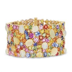 18K Yellow Gold Multicolor Sapphire, Opal & Diamond Bracelet, 7.25" | Borsheims Luxury Modern Multicolor Gemstones, Luxury Multicolor Collectible Gemstones, Cluster Bracelet, Mothers Ring, Cluster Bracelets, Mother Rings, Plastic Ring, Expensive Jewelry, Silver Box