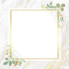 a square frame with green leaves and gold foil on a white marble wallpaper background