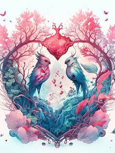 two birds sitting in the middle of a heart shaped tree filled with leaves and flowers