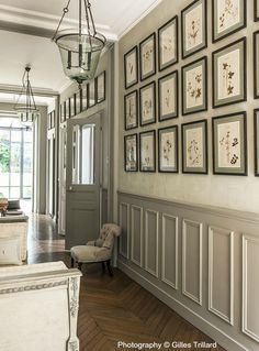 a hallway with pictures on the wall and a chandelier