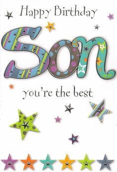 a birthday card with the word son on it and stars around it in different colors