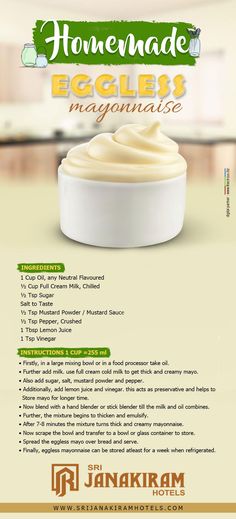 an advertisement with the words homemade eggless mayonnaise