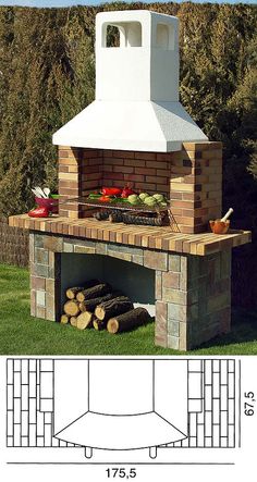 an outdoor brick pizza oven with wood logs in the foreground and a diagram showing how to build it