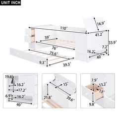 the measurements for a bed frame and drawers are shown in three different sizes, including one with