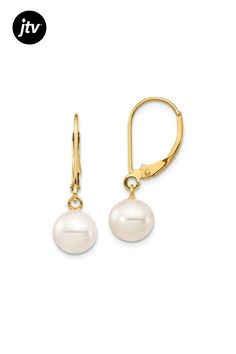 14K yellow gold 7-8mm white round freshwater cultured pearl dangle earrings with polished finish. Measures approximately 1/1"L x 5/16"W and have leverback closures. Ring Spacer, Pearl Dangle Earrings, School Jewelry, Popular Jewelry, Leverback Earrings, Pearl Earrings Dangle, Womens Glasses, Jewelry Maker, Turquoise Jewelry