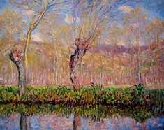 a painting of trees and water in the foreground