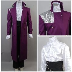 three different views of a purple coat with silver sequins on the collar and cuffs