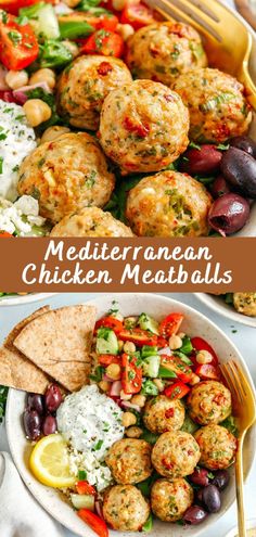 meatballs and vegetables in a white bowl with the words mediterranean chicken meatballs on top