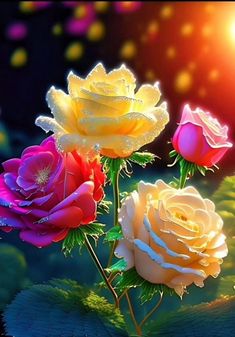 three different colored roses with water droplets on them, and the sun shining behind them