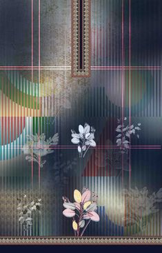 an abstract background with flowers and lines in the bottom right corner, on top of a striped pattern