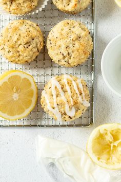 lemon poppy seed muffins on a cooling rack