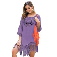 Purple Hollow Out Tassel Hem Beach Cover Casual Beach Cover-up With Tassels, Spring Beachwear Cover-up With Fringe, Spring Hippie Cover-up With Tassels, Casual Beach Cover-up With Tassel Ties, Hippie Style Tassel Cover-up For Spring, Hippie Spring Cover-up With Tassels, Casual Festival Cover-up With Tassels, Summer Fringe Beach Party Cover-up, Summer Fringe Cover-up For Beach Party