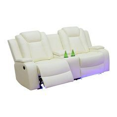 two reclining chairs with green bottles on the back and white upholstered seats