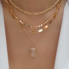 Attached layers, includes everything pictured Material: gold plated brass, crystals Length: 14" + 2" extension Pendant size: 0.45" x 0.65" IMPORTED Necklaces Trendy, Jewelry Knowledge, Square Necklace, Crystal Necklace Pendant, Necklace For Women, Heart Earrings, Woman Colour, Crystal Pendant, Multi Layering