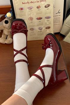 vintage style red lacquered mary jane shoes, red wine bow mary janes sandals, coquette girl style, preppy aesthetic outfits, boogzel clothing Thick High Heels, Dr Shoes, Square Toe Shoes, Kawaii Shoes, Low Heel Pumps, High Heels Shoes, Shoes Spring, Woman Shoes, Mode Inspo