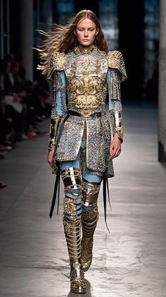 a woman in armor walks down the runway wearing gold and blue clothing with metal accents